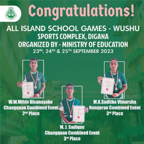 Congratulations to Mihin Dissanakaya , Suditha Vimarsha and M.J Sadique for gaining places at the All Island Wushu competition
