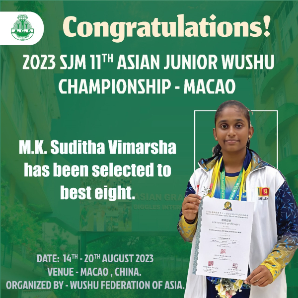 We are proud to announce that Suditha Vimarsha represented Sri Lanka at the 11th Asian Junior Wushu Championship