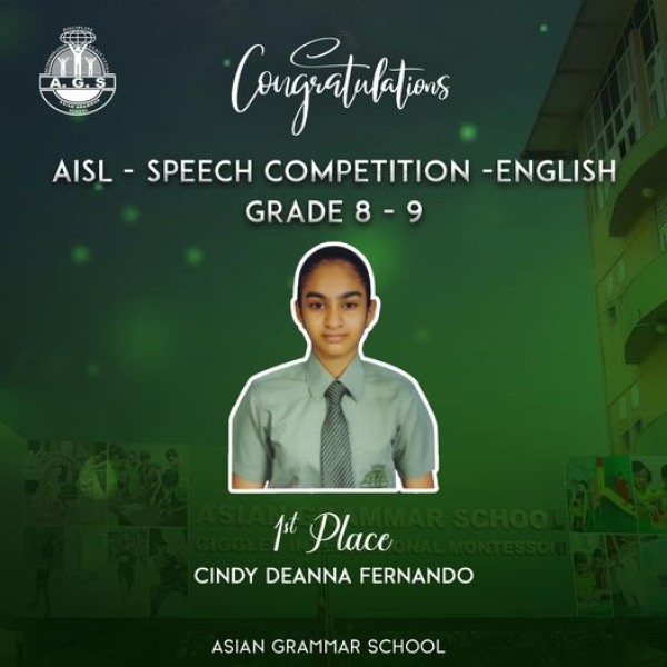 Congratulations to Cindy Deanna for being placed 1st at the AISL (Association of International Schools in Sri Lanka) Speech Competition