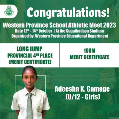 Congratulations to Adeesha Bandara for receiving a merit certificate (4th place) for Long Jump and a merit certificate for 100 Meters at the Western Province School Athletics Meet 2023.