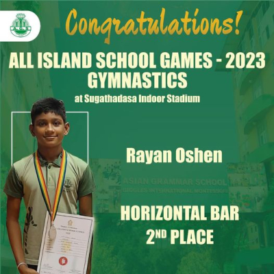 Congratulations to Rayan Oshen for being placed 2nd in Horizontal Bar at the All Island School Games Gymnastics Competition